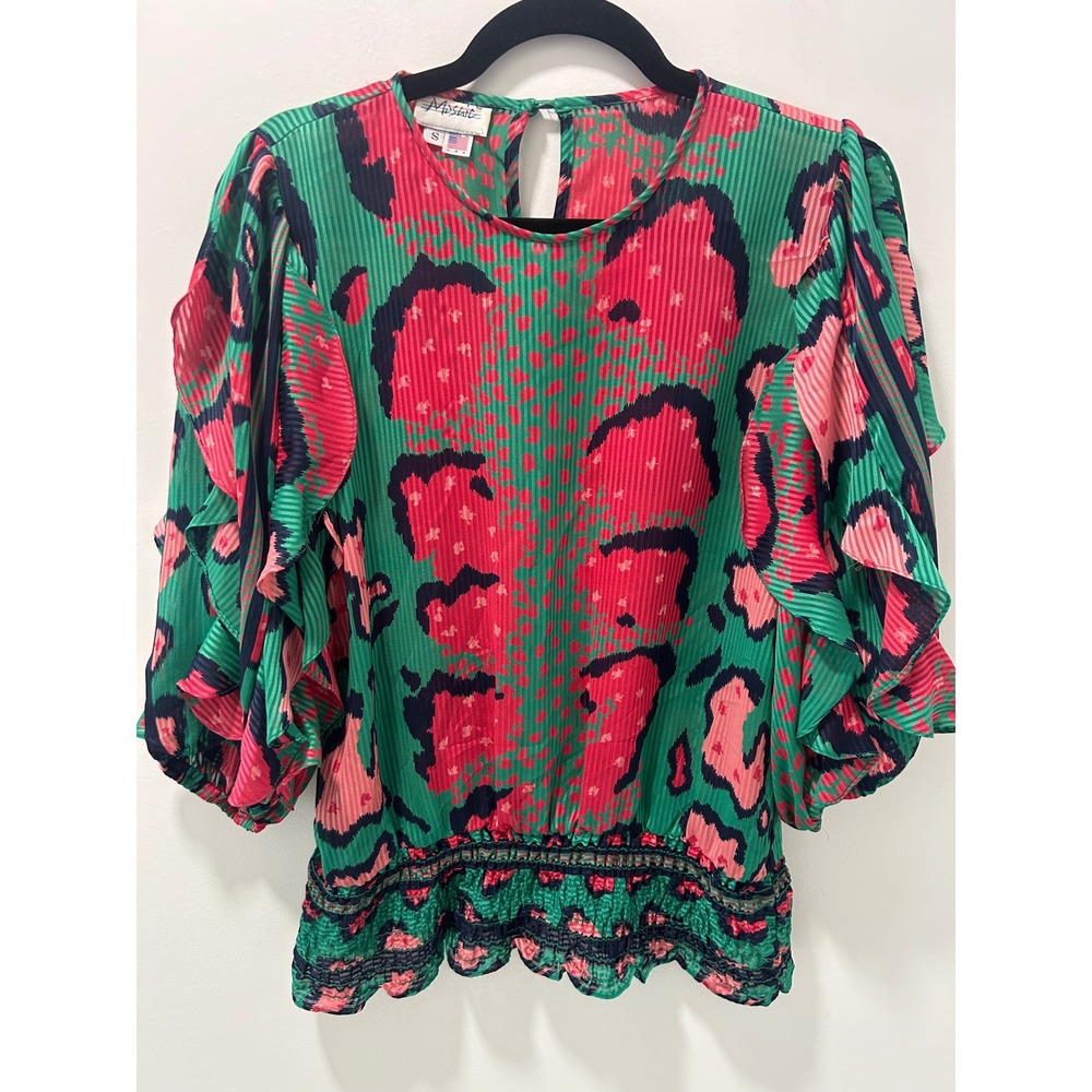 Mosaic Vintage Blouse Green Pink Animal Print Ruffle Sleeve Smocked Hem Small